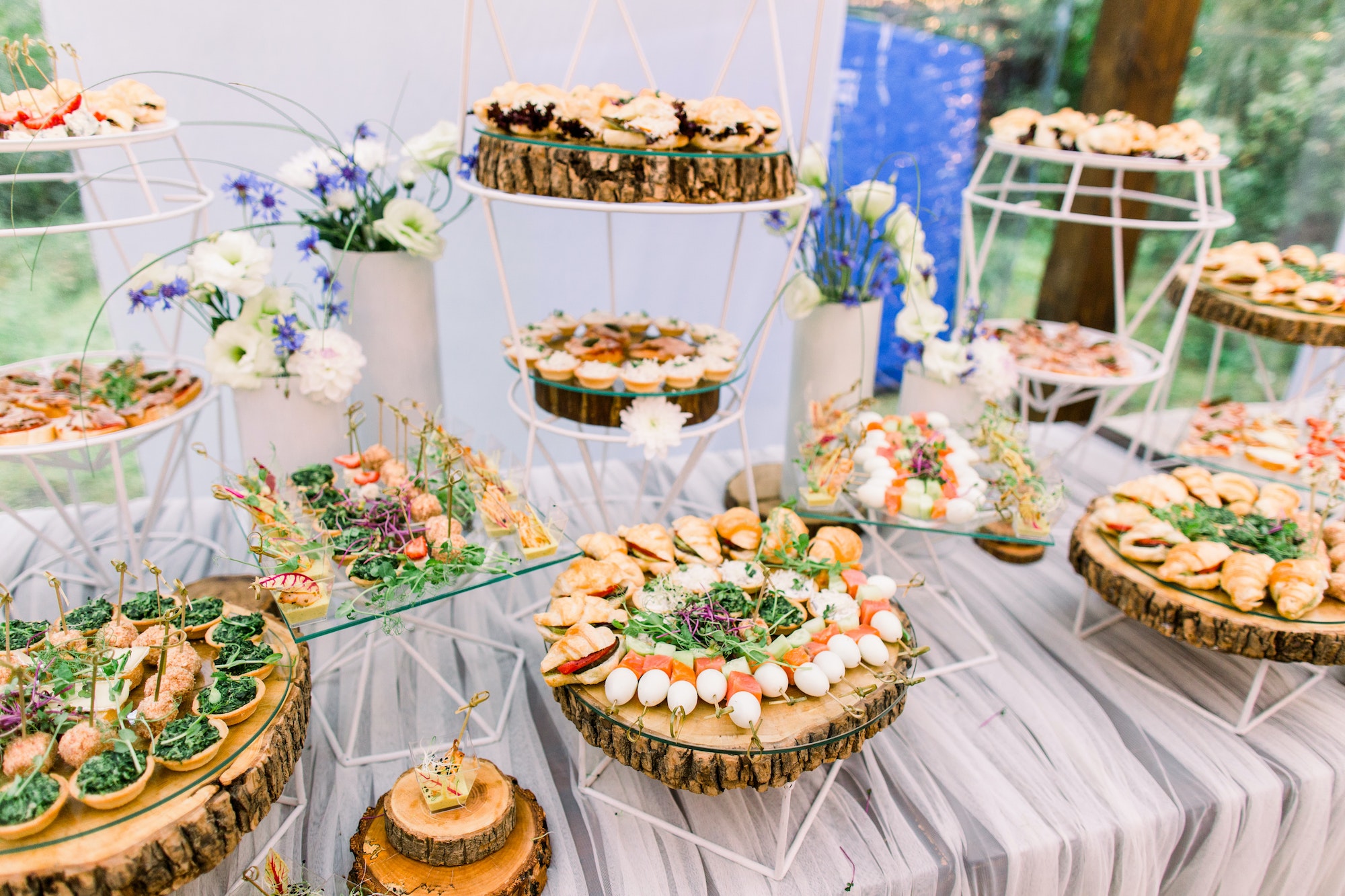 Catering buffet and rustic decor, outdoor wedding party with healthy food snacks