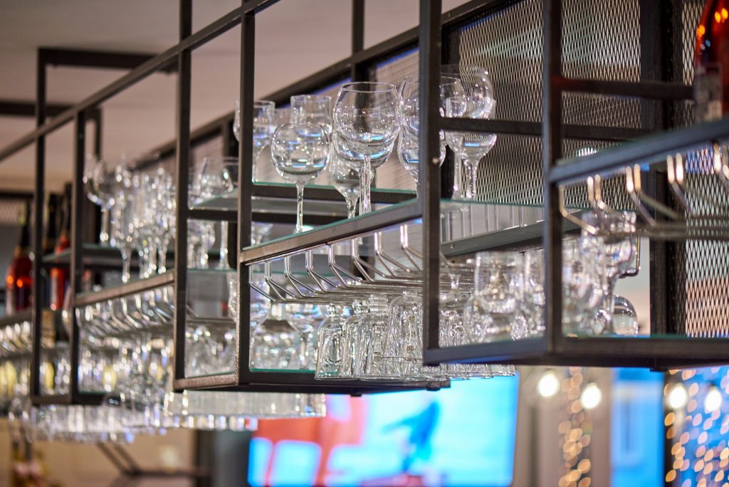 Close-up of clean glasses on a bar