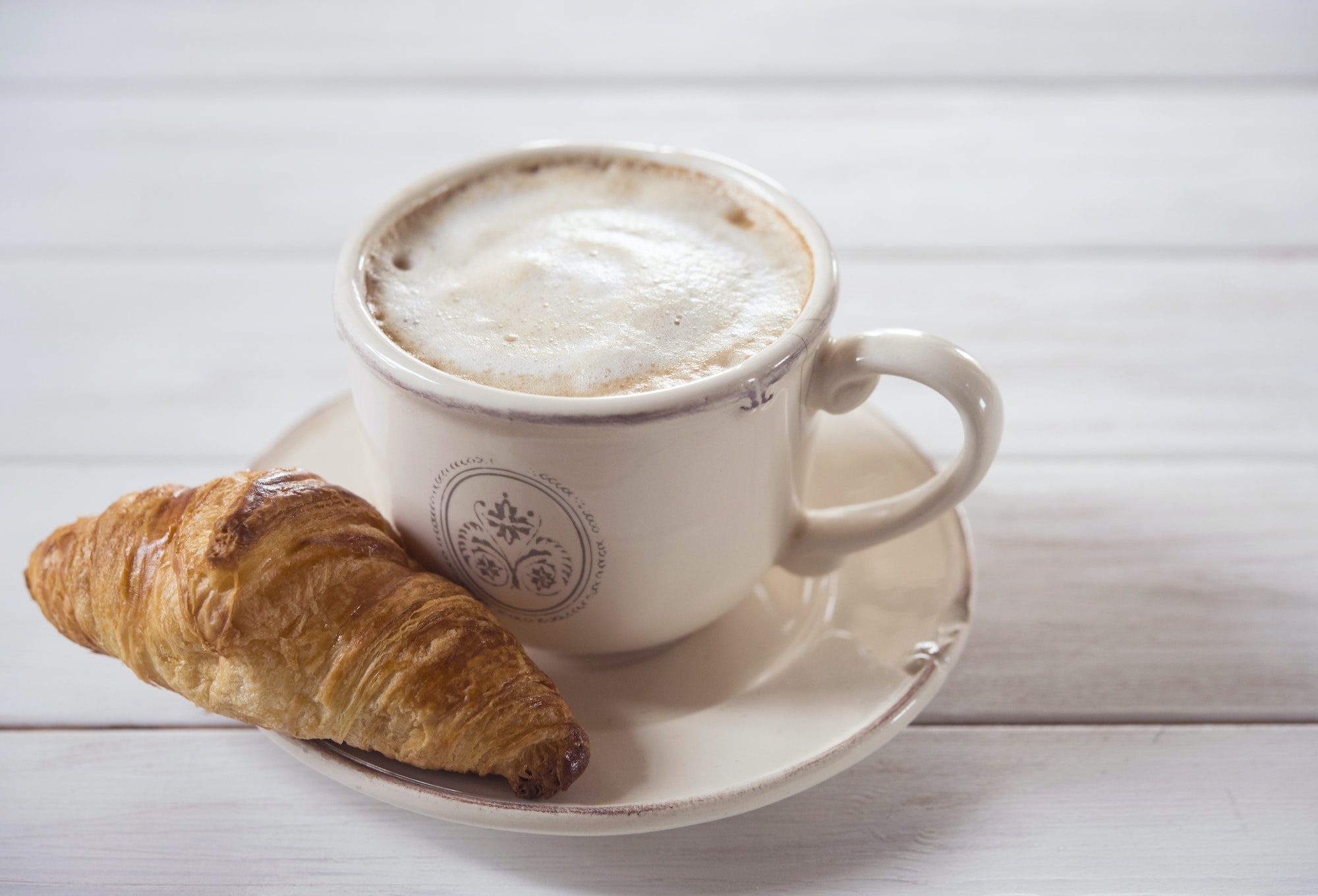 coffe and croissant wood background