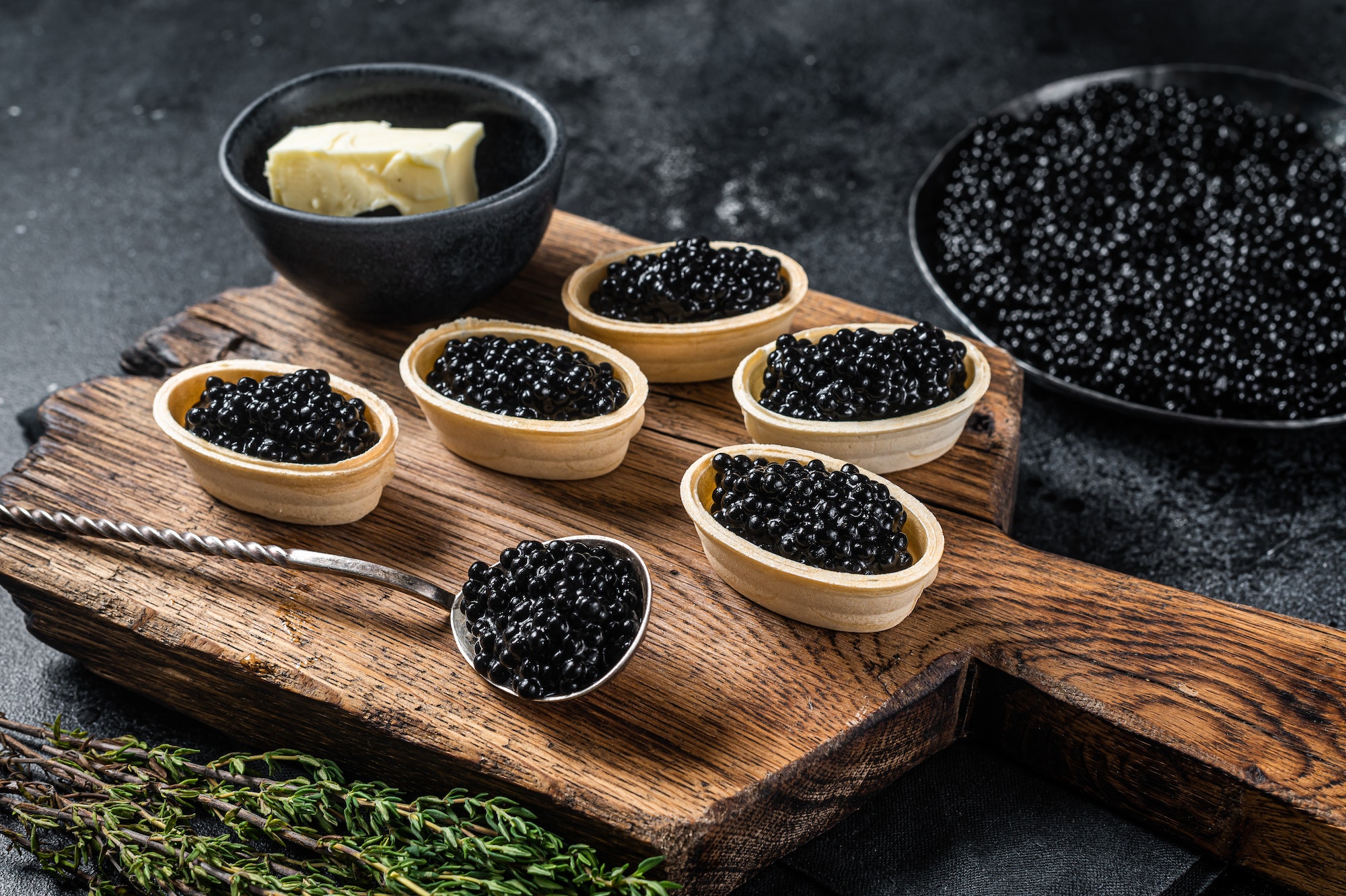 Tartlets with Sturgeon Black caviar on wooden board. Black background. Top view