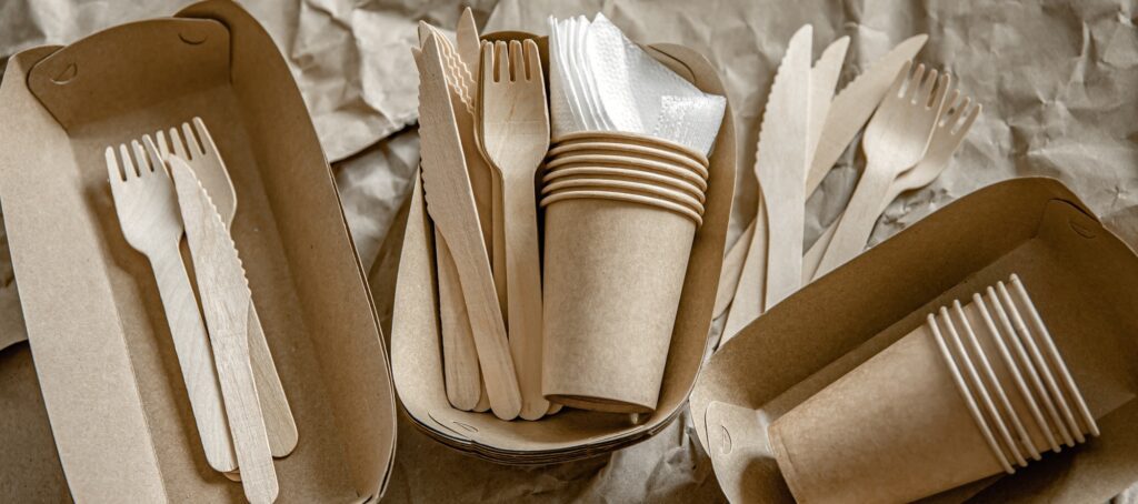 Composition with disposable ecological dishes and cutlery.