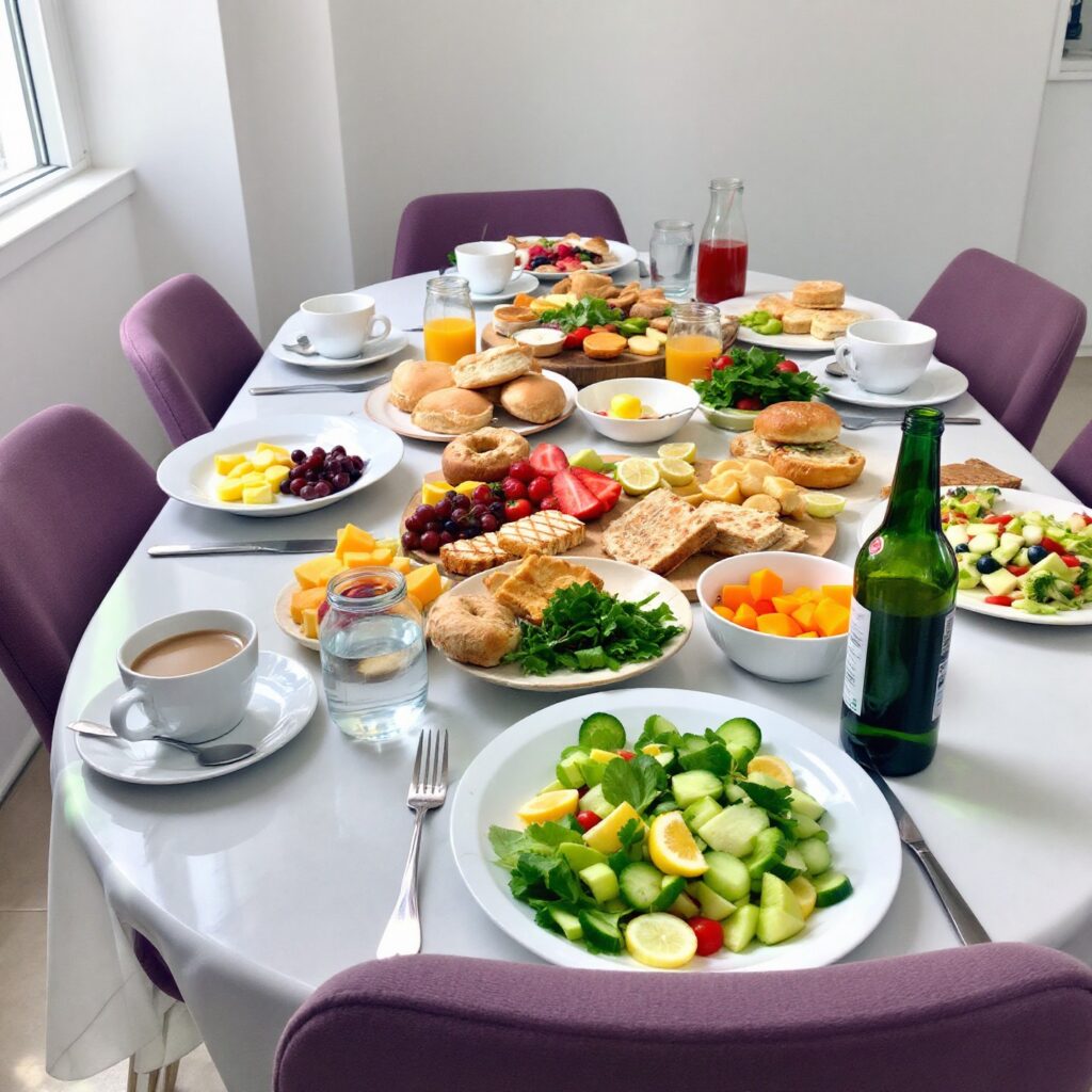 Mesa de brunch con opciones frescas y variadas para un catering para eventos pequeños en Valencia.