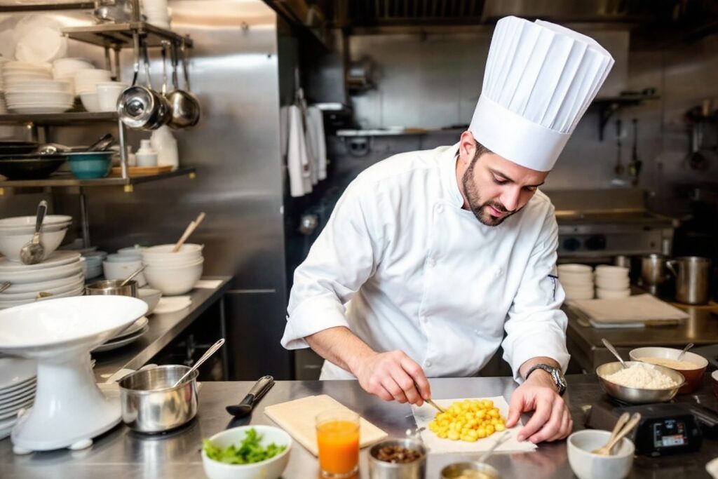 Chef de El Gran Catering midiendo ingredientes para calcular cuánta comida catering evento con precisión.