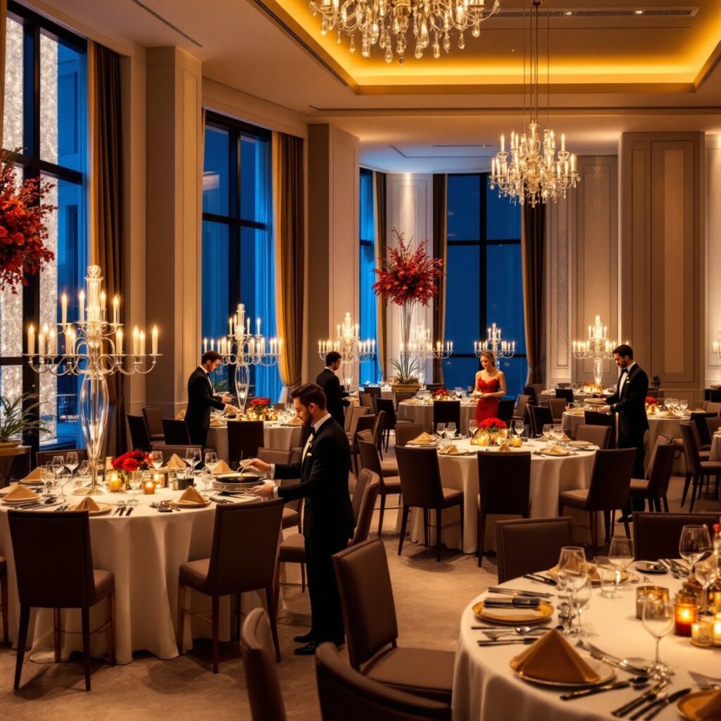 Un salón de banquetes formal con mesas redondas, elegante decoración y un servicio profesional de catering en Valencia.