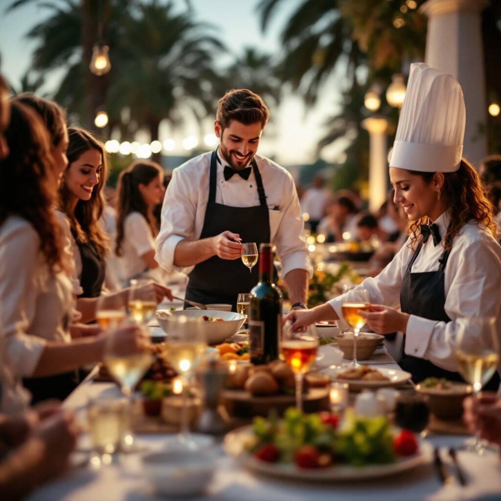 Fotografía del equipo de camareros y chefs profesionales de El Gran Catering sirviendo en un evento privado en Valencia, un sello de nuestro servicio de catering gourmet Valencia.