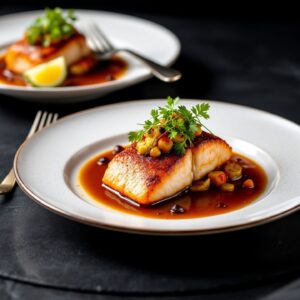 Plato principal de pescado emplatado artísticamente con salsa y guarnición, representativo de un catering gourmet Valencia de alta calidad.