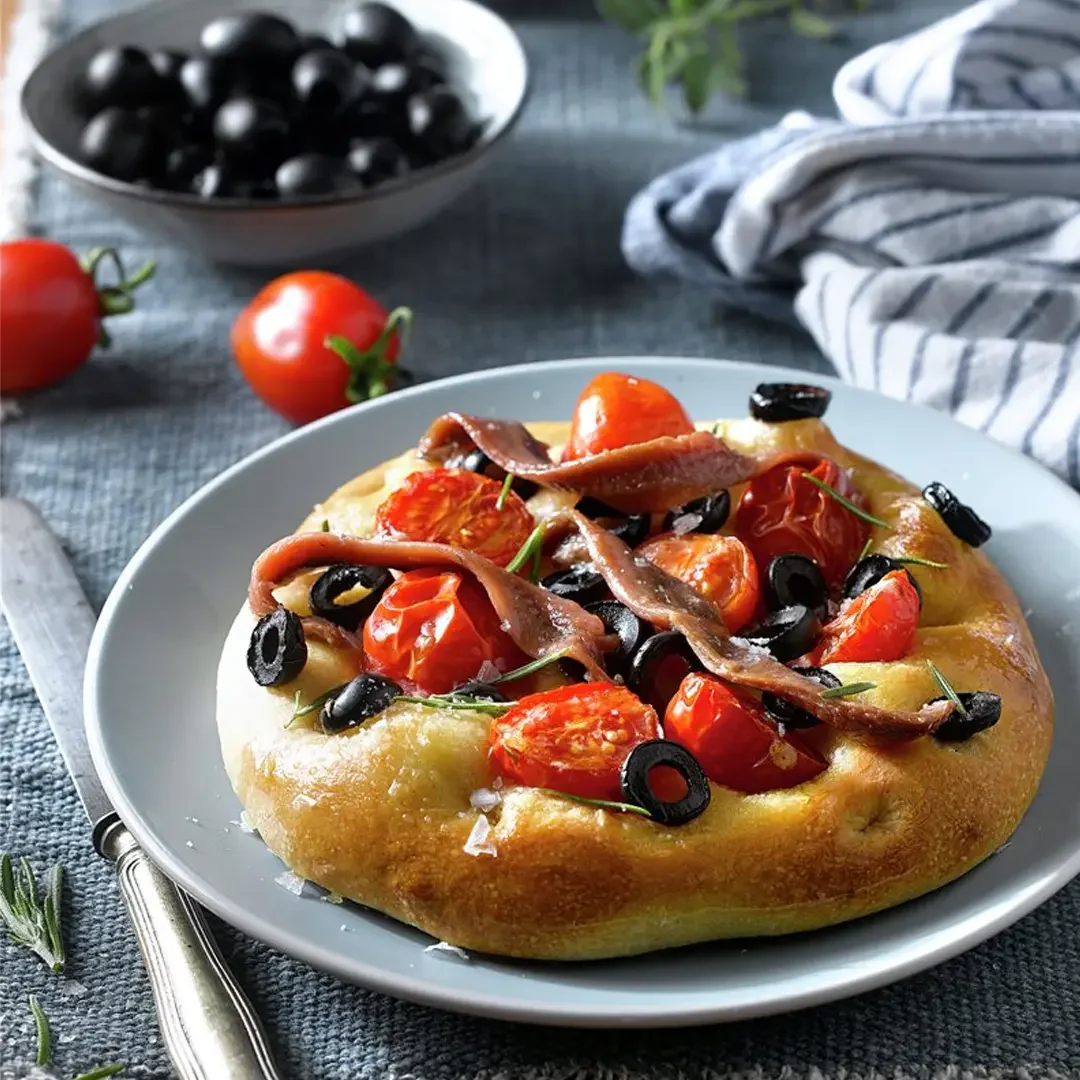 Tosta de focaccia de tomate seco y tapenade de aceitunas