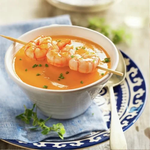 Vasito de gazpacho de sandía con langostinos a la parrilla